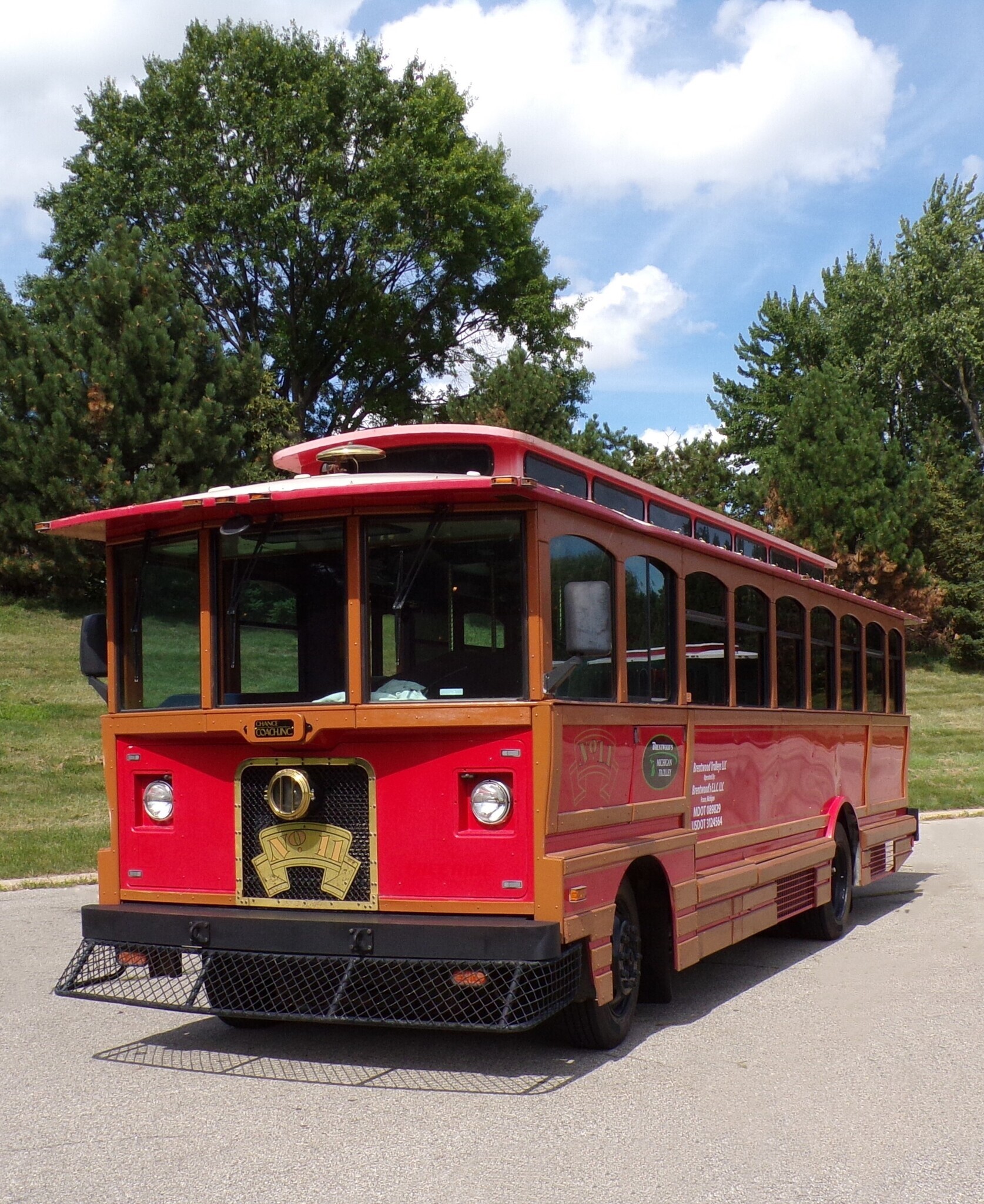 Red Trolley with wooden framed windows
